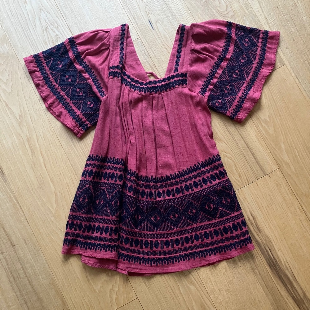 Free People Raspberry Tunic with Navy Embroidered Detail